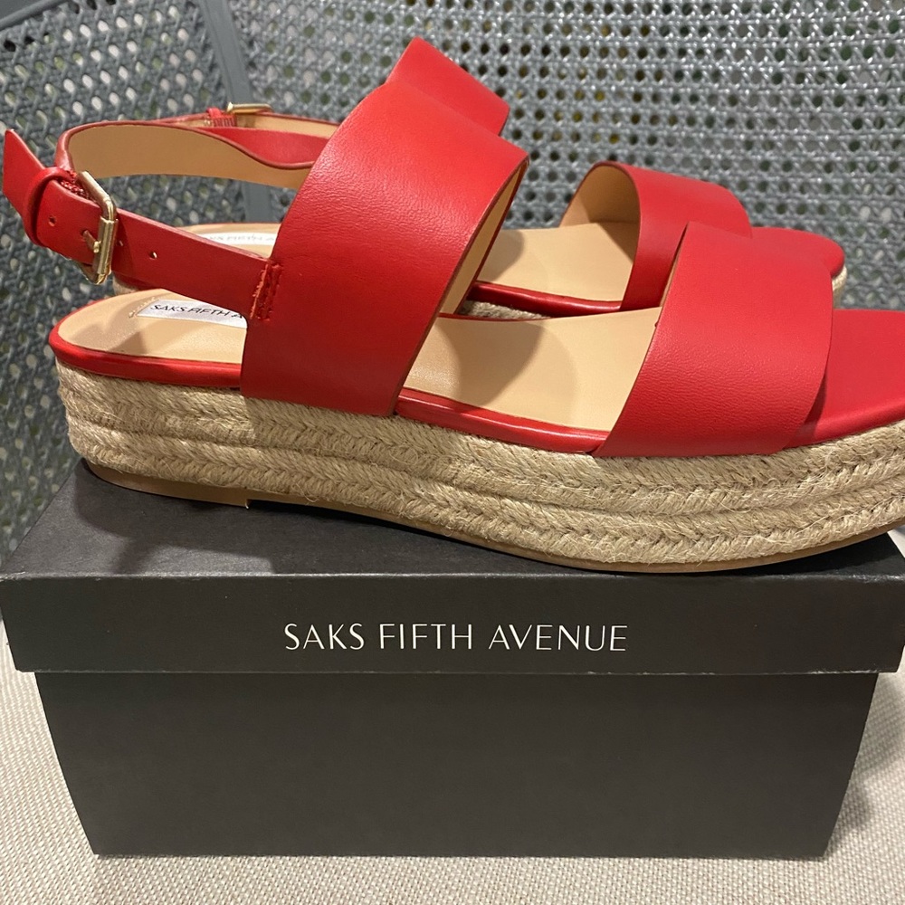Saks Red Espadrille Wedge Leather Up/ Man made liner and sole 1” heel (Gameday)
